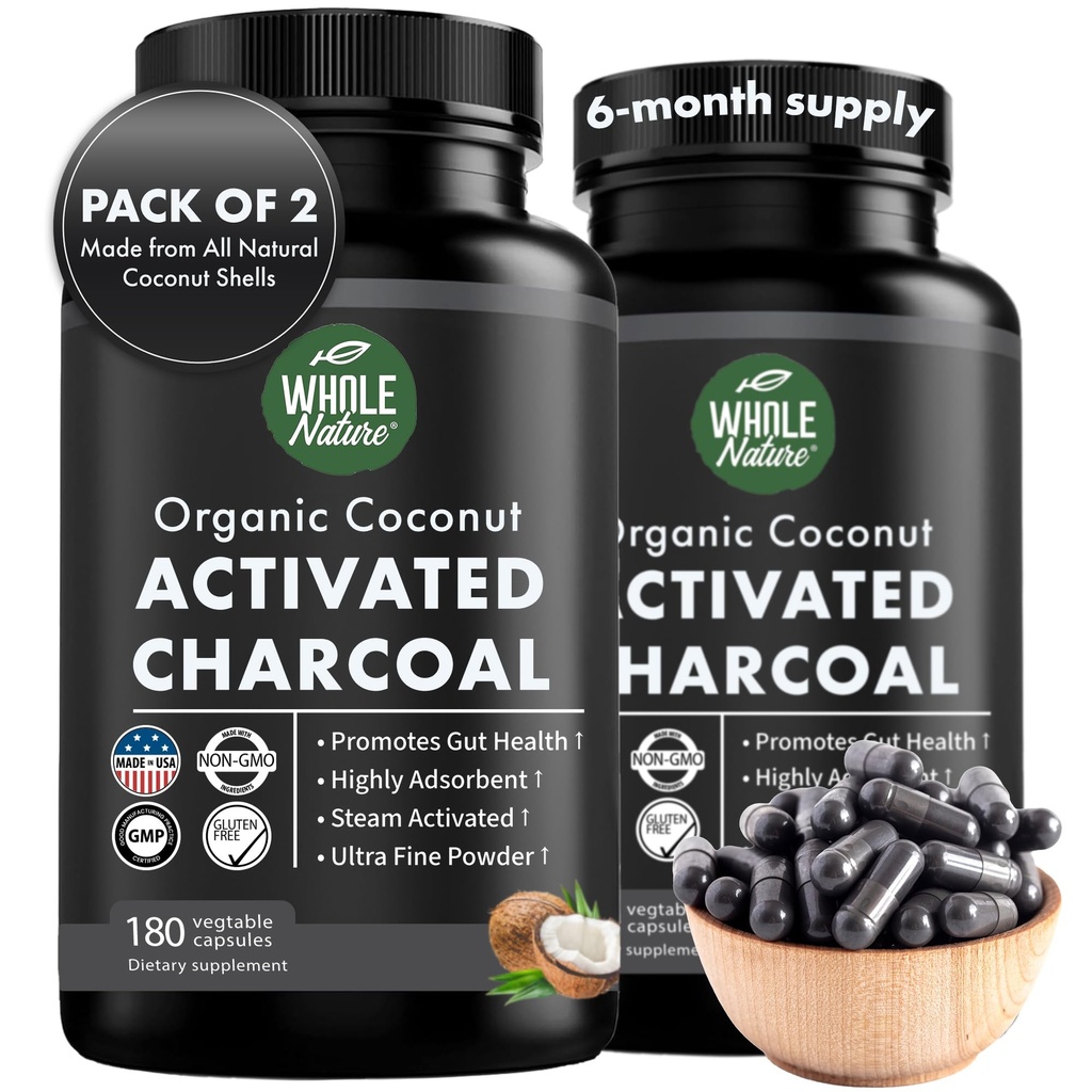 Kokos Aktywowane Kapsułki Węglowe, 180 Kapsułki Węglowe, Wybielanie zębów, Pomaga Zaparcia, Bloating, Gaz żołądkowy, Heartburn, Pure Coconut Derived Supplement (2)