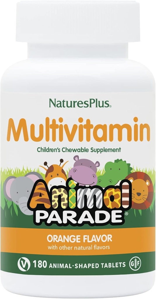 Nature Plus Animal Parade Dzieci Chewable Multivitamin - Pomarańczowy Flavor - 180 Animal- Shaped Tablets - Promotes Health & Well- Being - wegetarianin, Gluten Free - 90 Służenia