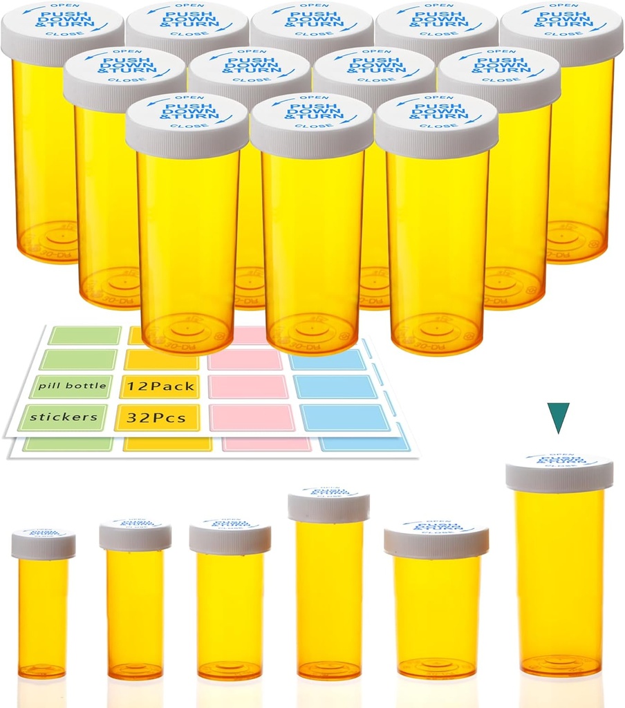 3.75oz Butelki Puste Pigułki z Czapki odporne na dzieci, 12 Pack - Duża pojemność, Moisture- Dowód, BPA- Free, z 32 Easy- Peel Etykiety do organizowania pigułek, Witaminy, Suplementy, Kostki i więcej