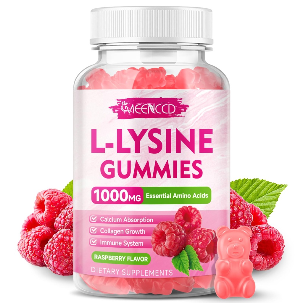 L- Lysine 1000mg Gumumie, Suplement Lysine dla dorosłych i dzieci, Zasadniczy suplement aminokwasu dla warg i zdrowia jamy ustnej, Boost Immune & Collagen & Wapń, Cukier wolny, Malina Flavor, 60 Hrabia
