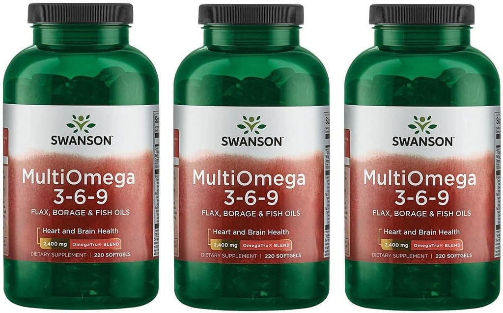 Swanson MultiOmega 3- 6- 9 - NieGMO Flax Oil, Oil Borage, '&' Fish Oil Capsules - Esential Fatty Acids Supporting Cardival Health '&' Brain Health - (220 Softgels, 2400mg Serving) 3 Butelki