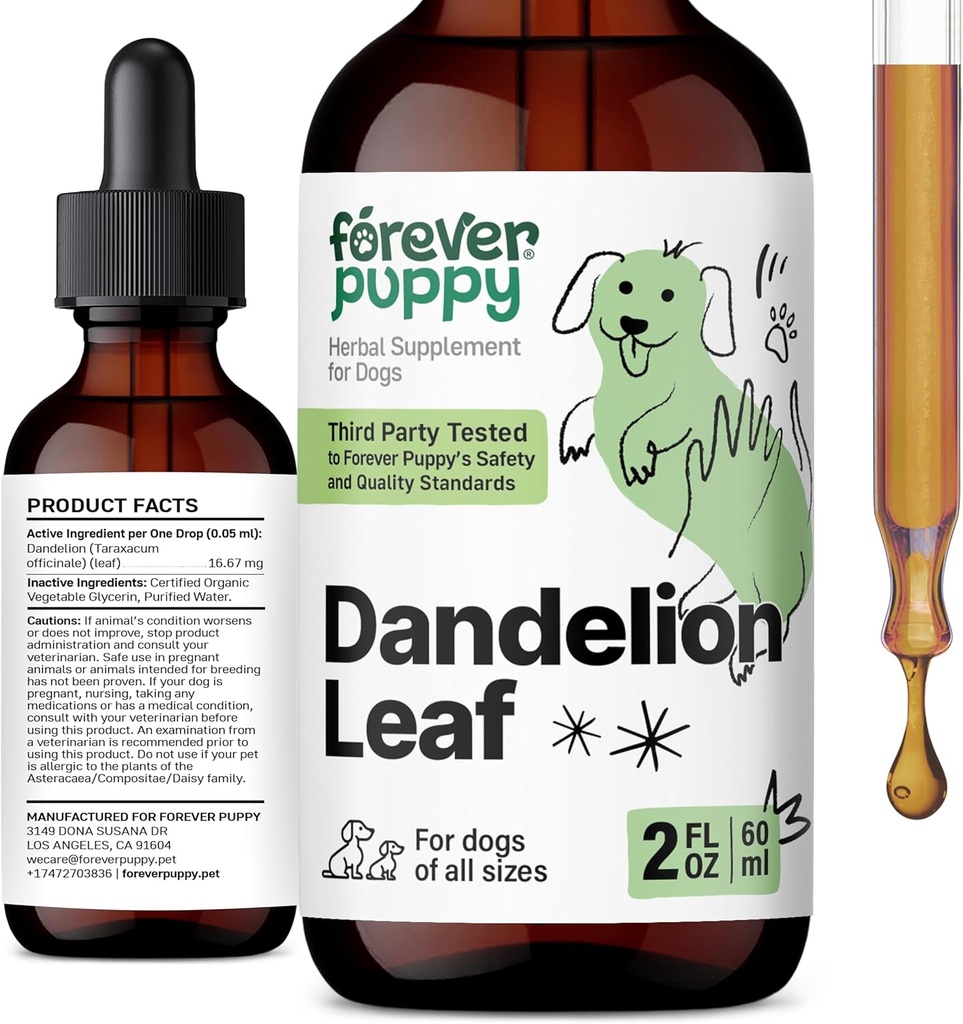 Forever Puppy Dandelion Leaf Drops for Dogs - Kidney Health Liquid Supplement for Large, Medium & Small Dogs - Kidney Cleanse Detox Drops w/Dandelion Leaves Tincture - 2 oz