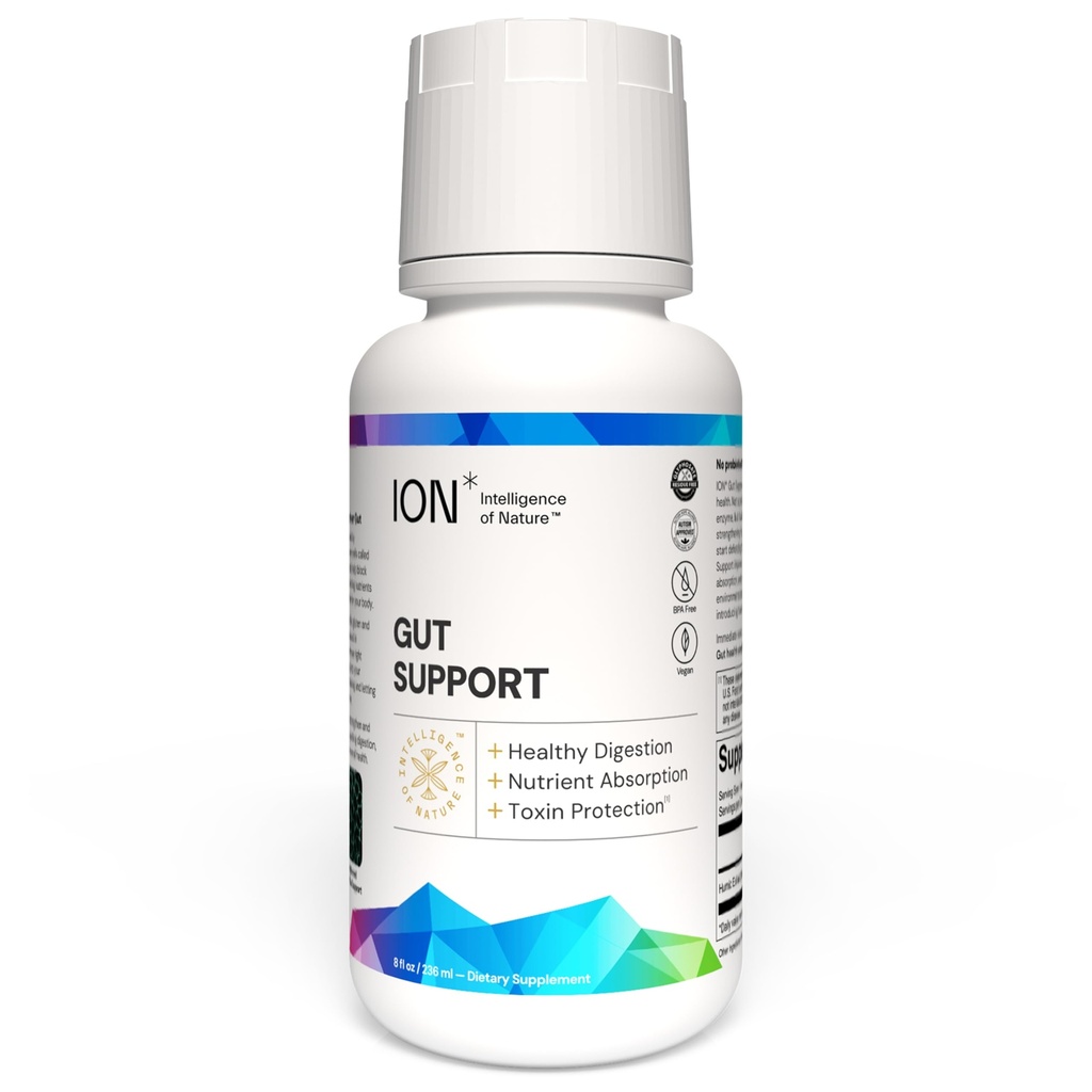 ION * Intelligence of Nature Gut Support Liquid Supplement - Gut & Digestive Health Liquid Drops, Cleanse & Detox with Humic Extract for Women & Men, Dorośli & Dzieci 4 + - 8 fl oz (Opakowanie po 1)
