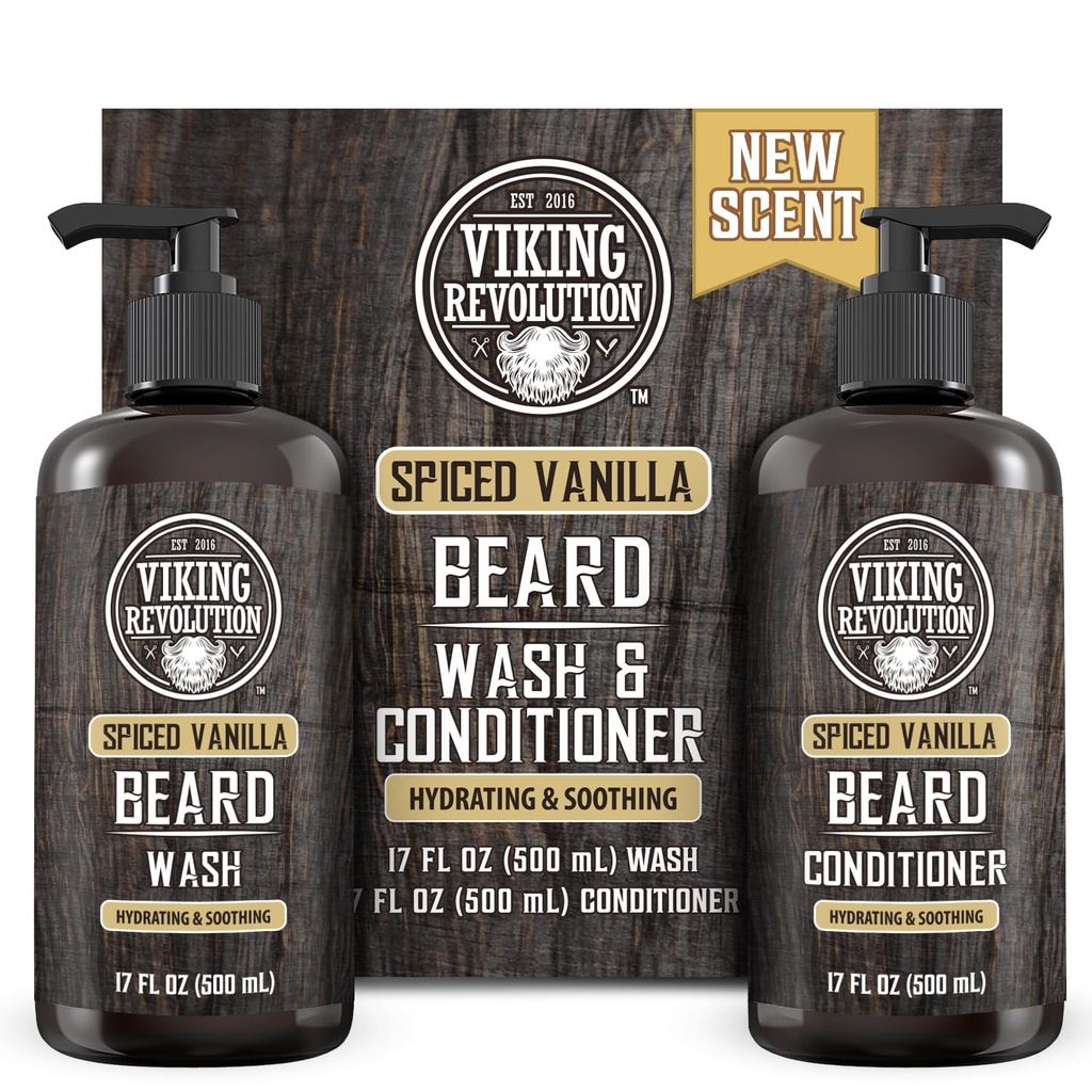 Viking Revolution Beard Wash and Beard Conditioner for Men with Argan Oil and Jojoba Oil - Beard Softener and Strengthener Beard Care Shampoo and Conditioner with Beard Oil (17oz Spiced Vanilla)