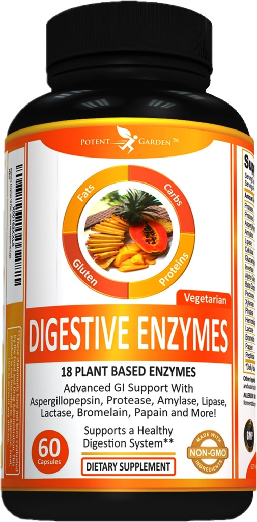 Pothent Garden Digestive Enzymes - 18 Enzymy oparte na roślinach z amylazą lipazy bromelaina Mlekaza Promelaina i inne enzymy - One Pre Meal Pill Wspiera zdrową trawienie i odżywczy Wchłanianie 60 Czapki