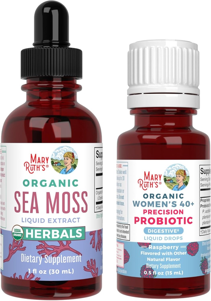 MaryRuth Organic Probiotic Trawienie (Malina) dla kobiet 40 + & Sea Moss Drops 124; USDA Organic, Clean Label Project Verified ® Revidence 124; Witaminy dla Gut Health and Immunity Revidence 124; Vegan, Non-GMO, Gluten Free