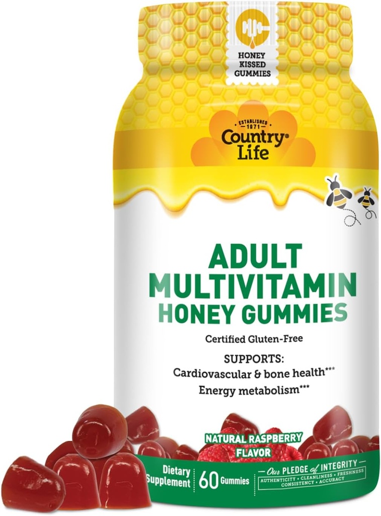 Country Life Adult Multivitamin Honey Gummies - Kości, Serce i Wsparcie energetyczne - Non-GMO, Certified gluten Free, Wegetarianin - Naturalnie Sweetened - 60 Gummies