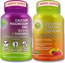 Bone & Immune Support Bundle - Liposomalna Witamina C 1100mg Płynny żel wzbogacony Acerola Cherry & Plant- Based Wapń (z Aquamin ®), Magnez, Cynk, D3, K2 + Turmeric - Czyste wsparcie Wellness