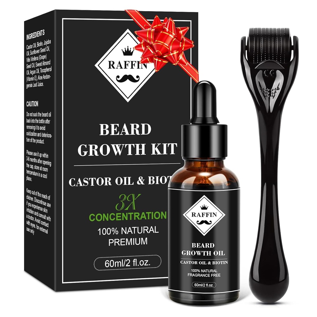 RAFFIN Beard Growth Kit, Zmodernizowany Beard Growth Oil (2OZ) w / Maximum Thickening Biotin & Castor Oil for Spot / Patchy Beard, Achieve Fuller, Grubsze i Zdrowotne Beards, Prezenty dla jego chłopaka mąż tata