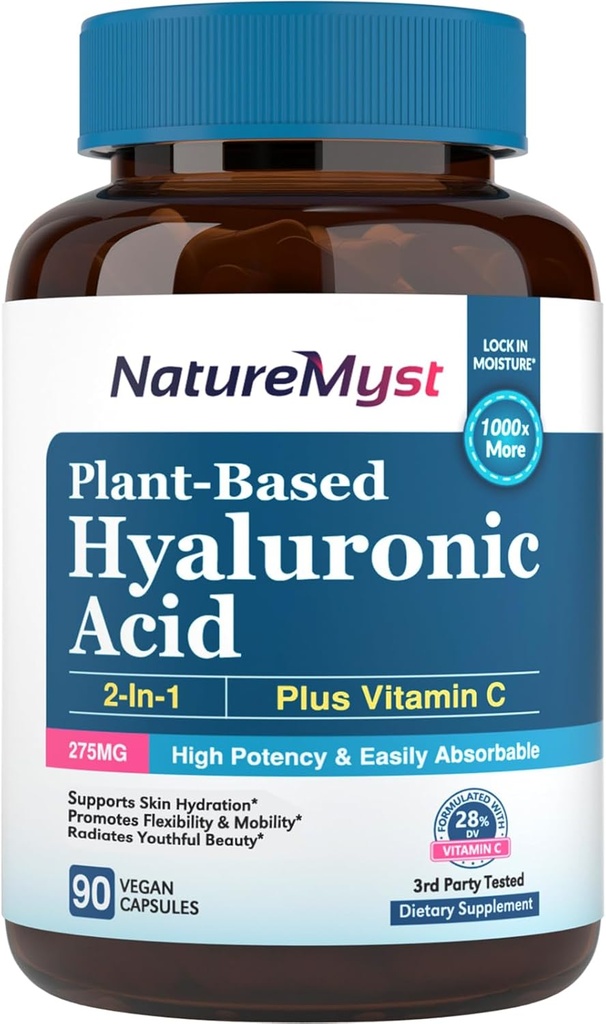 Hyaluronic Acid Supplement, z witaminą C, 250 mg na bazie Plant- Based HA, 90 Vegan Caps, do skóry i oczu, Collagen Production, Łatwe wchłanianie