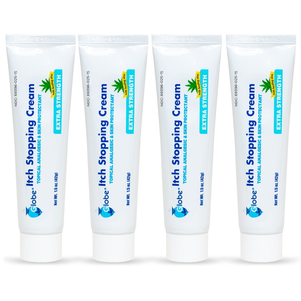 (4 Pack) Globe Extra Siła Itch Stopping Anti- Itch Cream 1.5 Oz z blokadą histaminową, HCl difenhydraminy Topical analgesic & Cynk Acetate Skin Protectant for Relief from Most Outdoor Itches