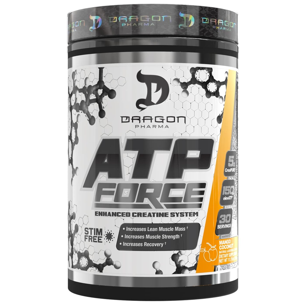 DRAGON PHARMA ATP Force Enhanced Creatyne System, Stim- Free, Zwiększenie szczupły mięśniowej masy i odzysku, 5 Grams CreatePure, Poprawia przepływ krwi (30 Służenia, Mango Kokosowy)
