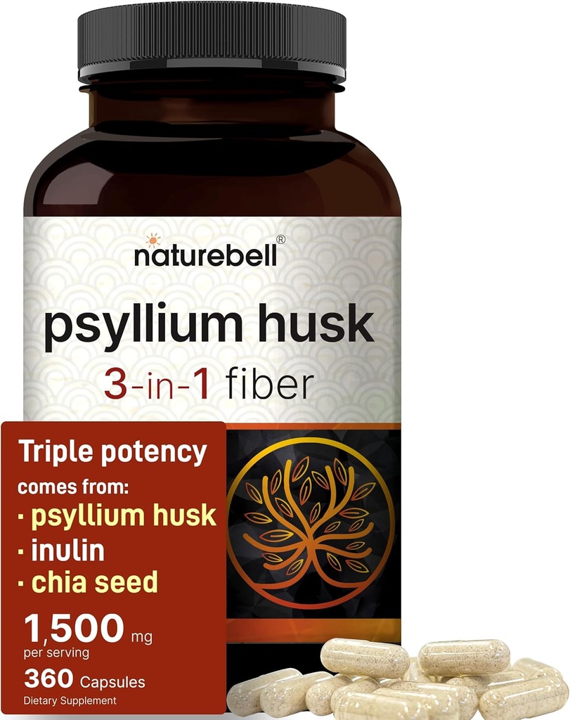 NatureBell Psyllium Husk Fiber Supplement, 1,500mg Per Serving, 360 Kapsułki Yellow 124; z Inulin & Chia Seed Yellow 124; Organic Soluble Fiber for Digestive & Gut Health Yellow 124; Plant- based, Non-GMO, Gluten- Free
