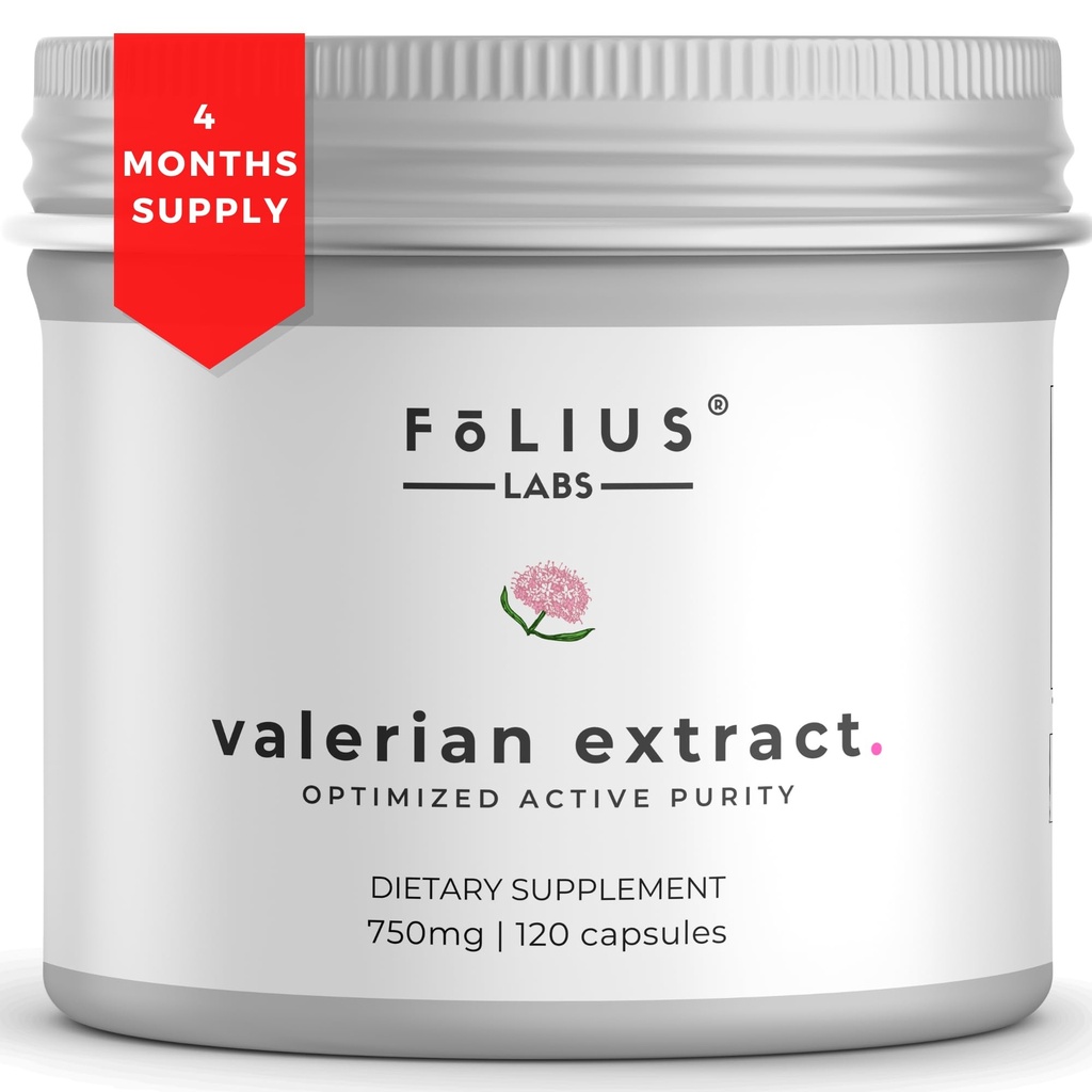 Valerian Root 4: 1 Extract Capsules 750mg - Optimized Active Property - 4X Concentration Valerian Root Extract Supplement - Gluten Free, Non-GMO - Promotes Relaxation - 120 Capsules