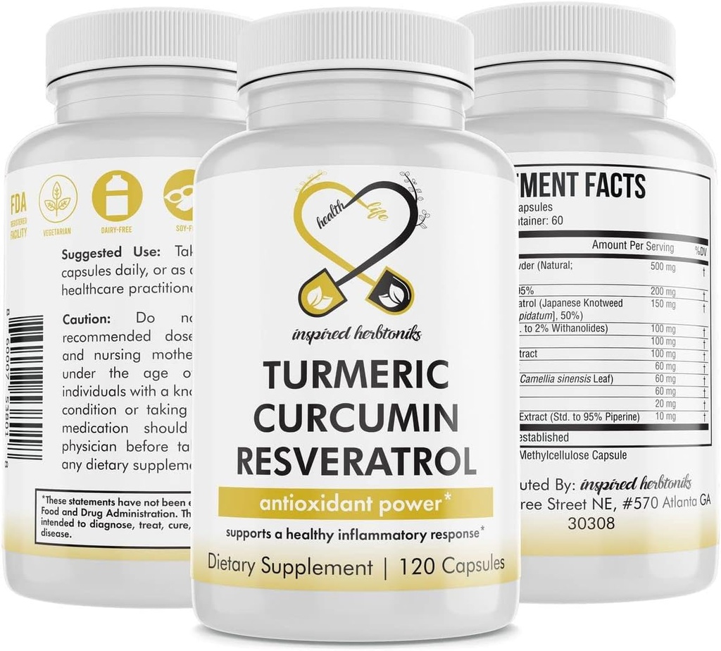 Kurkumina Kurkumina Resveratrol Suplement odżywczy, Właściwości przeciwutleniacze, Wspomaga dobre zapalenie i układ immunologiczny, 120 Kapsułki wegańskie