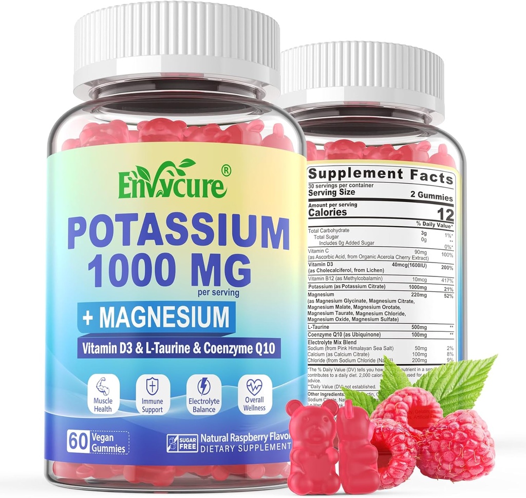 Suplement potasu Gummie - 1000mg Cytrynian potasu z Magnezu Complex / Glicynian / Cytrat, Coq10, L- Tauryna, B12, D3-Elektrolit, Energia, Mózg - Suplement potasu magnezu dla dorosłych, 2Pack