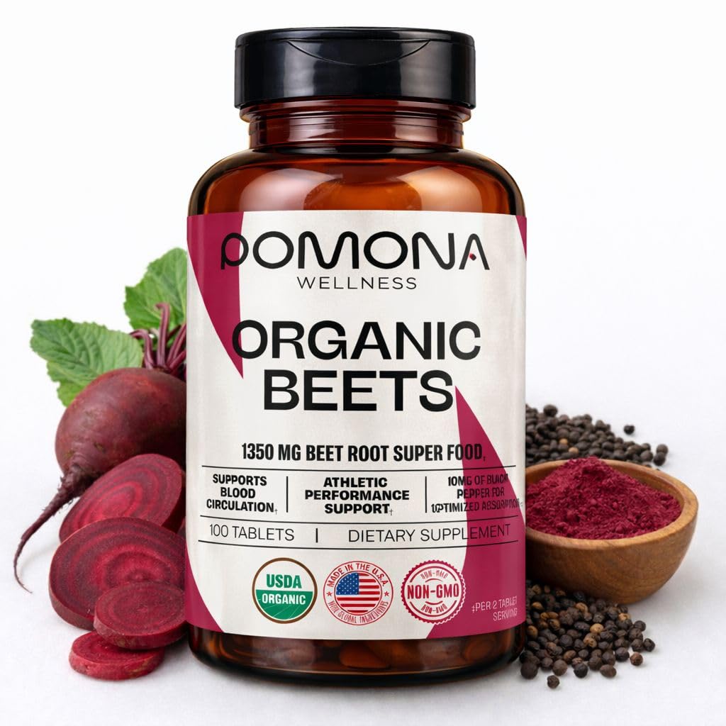 Pomona Wellness Beetroot Supplement Proszek 1350mg, Wspiera ciśnienie krwi, Heart Health, Circulation, Energy & Athletic Performance, USDA Organic, Non-GMO, Wegan, 100 Tabletki