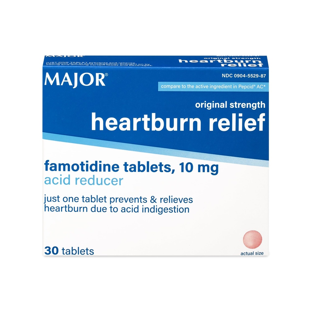 MAJOR Oryginalna siła Heartburn Relief - Famotydyna Tabletki, 10 mg - Acid Reducer - 30 Tabletki (1- Pack)