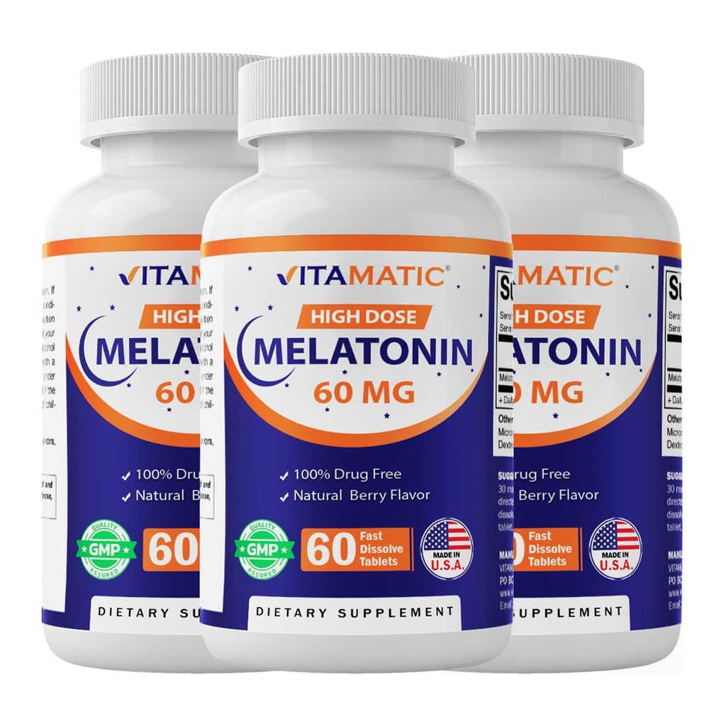 Melatonina witamatyczna 60 mg tabletki szybko rozpuszczające - 60 tabletek z naturalną barwą jagodową - Non-Habit Forming - Non-GMO, Gluten Free (3 butelki)