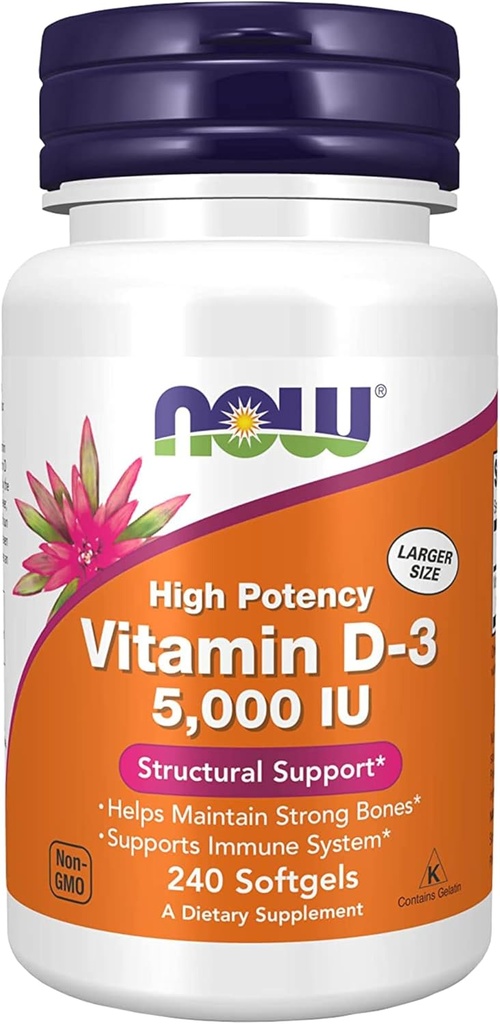 Teraz suplementy, Witamina D-3 5000 j.m., Wysoka potencja, Wsparcie strukturalne *, 240 Softgels z Worldwide Nutrition Keychain
