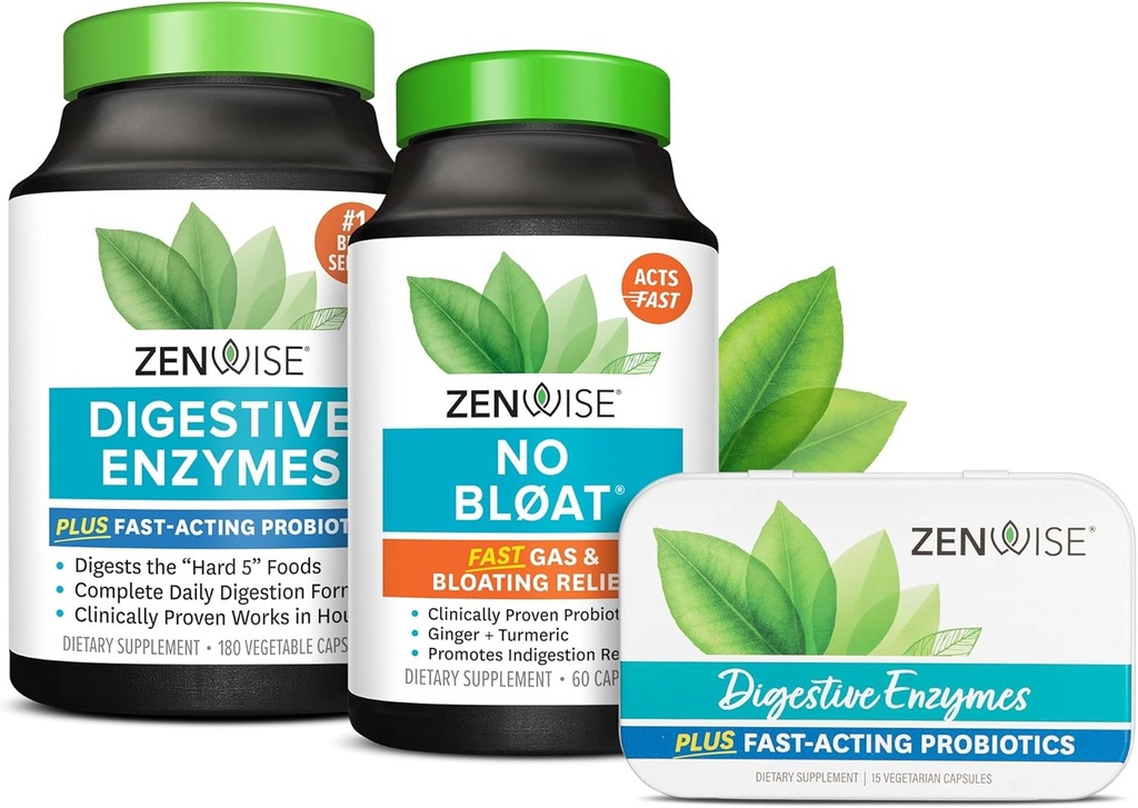 Zenwise Health Digestive Enzymes, No Bloat, and Free Travel Tin with Probiotics for Digestive and Gut Health | Bloating Relief for Women and Men