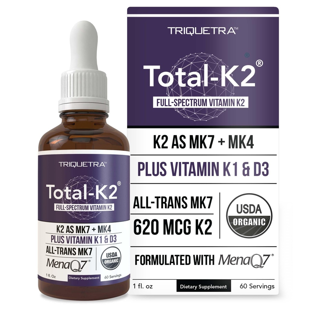 Total K2 ® XI124; Witamina K2 jako MK7 & MK4 XI124; Plus K1 i Witamina D3 Cofactor - 620 µg K2 na Serving - All- Trans MK7 od MenaQ7 ® - Pełna Widmo Witamina K - Wegan, Organic Certified (Liquid 1 oz)