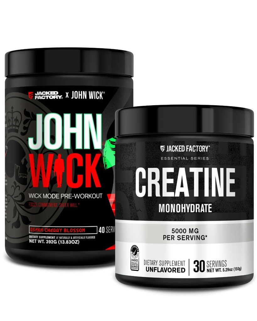 Jacked Factory X John Wick - Wick Mode Pre Workout Powder (Osaka Cherry Blossom, 40 Servings) & Stworzenie Monohydrat Powder (Unflavored, 30 Servings)
