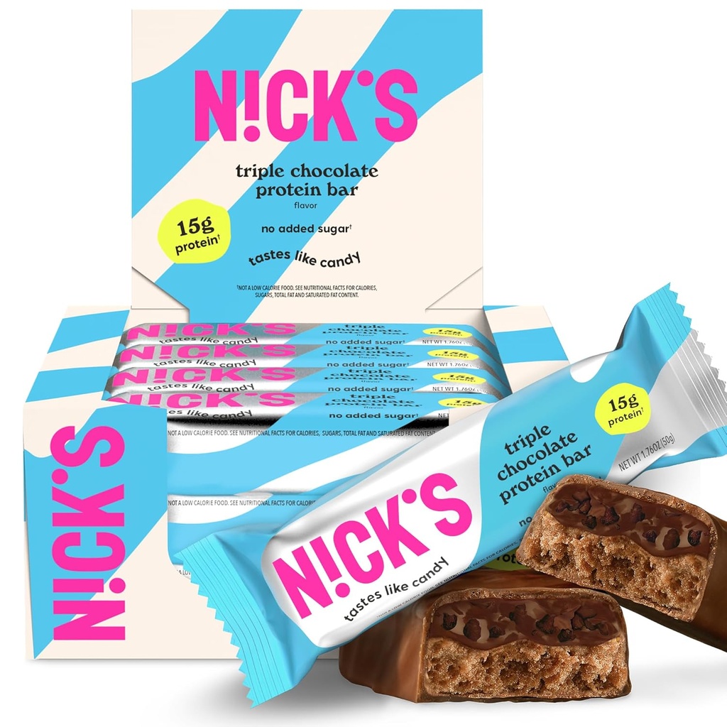 Potrójne Czekoladowe Bary Nicka - 12- Count Box Xi124; Wysokie Białko, Niskie Kalorie, Niskie węglowodany, Keto Friendly, No Added Sugar