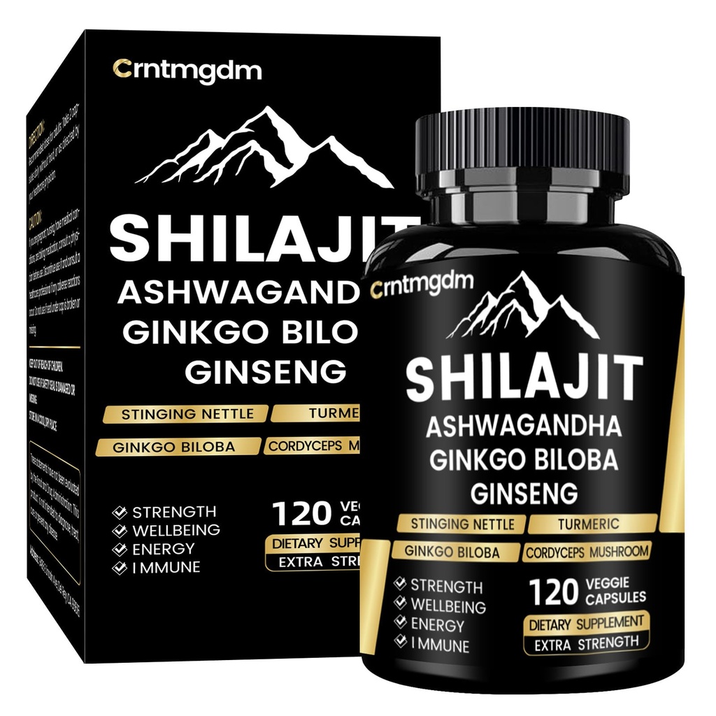 Shilajit kapsułki - 20,000mg Pure Himalayan Organic Shilajit dla mężczyzn i kobiet z Ashwagandha, wspiera witalność i Wellness, Premium Shilajit Pure Himalayan Suplement, 120 Kapsułki