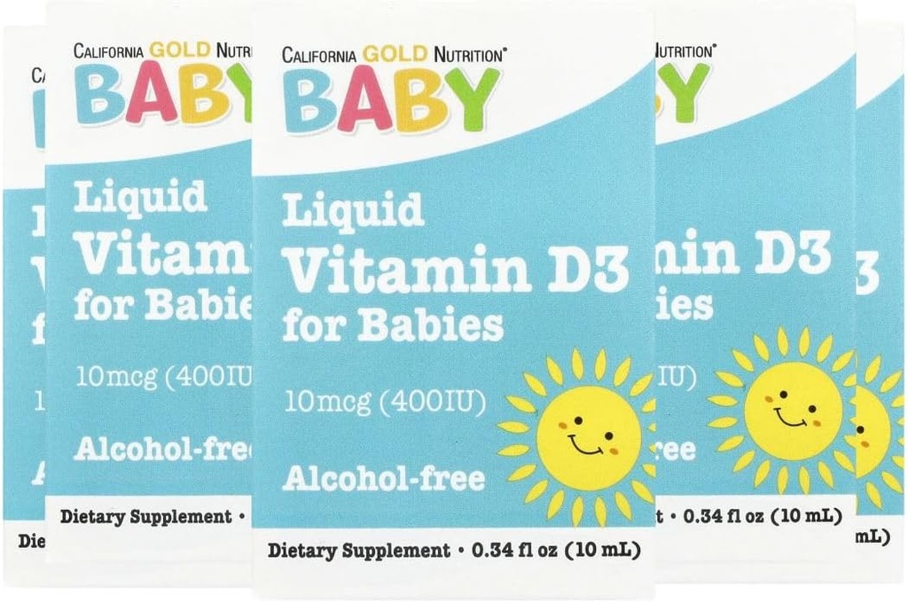 California Gold Nutrition Baby Witamina D3 przez - Płynny suplement D3 dla niemowląt, Przyjazny wegetariański - Alkohol & Gluten Free, Nie-GMO - 10 µg (400 j.m.), 0,34 fl oz (10 ml)