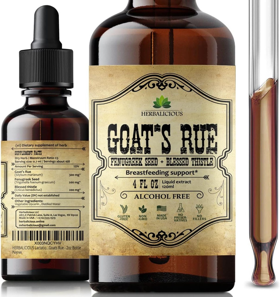 HERBALICIIOUS Goat 's Rue Liquid Extract 4 fl oz - Natural Herbal Tincture with Goat' s Rue, Nasiona kozieradki, Błogosławiony Thistle - Alkohol Wolna Non-GMO Lactation Supplement for Zwiększone mleko piersi