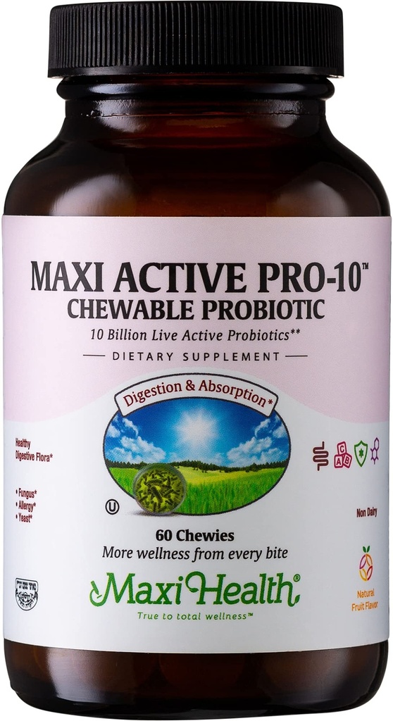 Maxi Health Active Pro- 10 Dzieci Probiotyczne Chewables - 15 Szczepów do Żywienia i Zdrowia immunologicznego -10 Miliard Probiotycznych Blend- Darmowy, Kosher - Obsługuje Gut Health, Wegetarianin - 60 ct (półka Stable)
