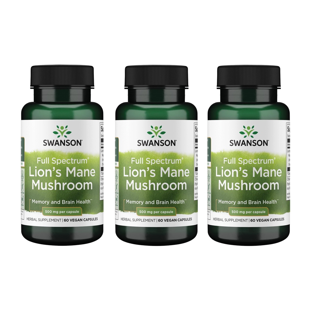 Swanson Lion 's Mane Mushroom - Tradycyjny suplement booster mózgu wykonany z hericium Erinaceus (60 kapsułek, 500mg każdy) 3 opakowania