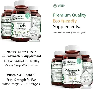 Natural Nutra Lutein and Zeaxanthin Supplement Soy Free, 20mg - 60 Capsules and Vitamin A 10,000 IU, Helps to Maintain Healthy Vision with Omega 3, 100 Gluten Free Softgels
