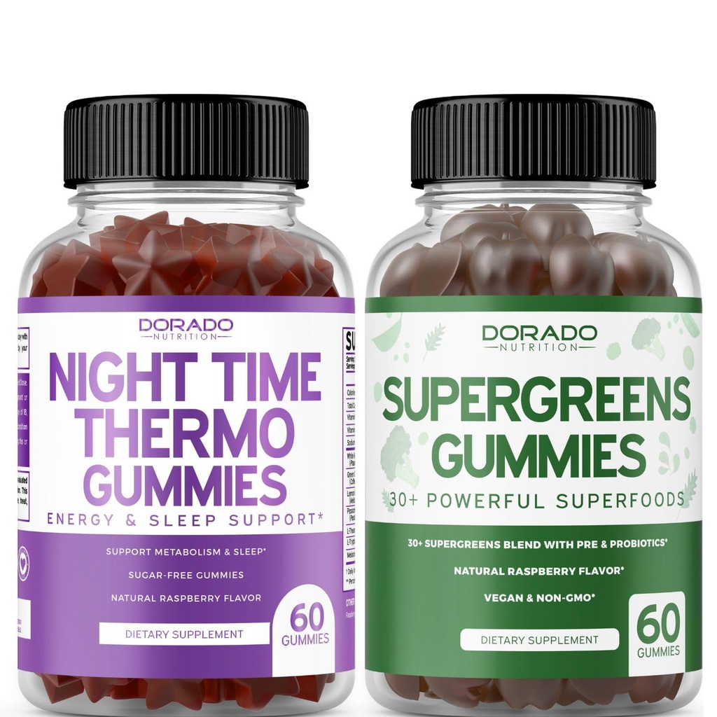 Night Time Fat Burner Gummies (60 Count) - Utrata masy ciała & Metabolizm Suplement bez cukru i Supergreens Gummies (60 Count) - Zielone Suplementy Immunitet Wsparcie - Nie GMO & USA Made