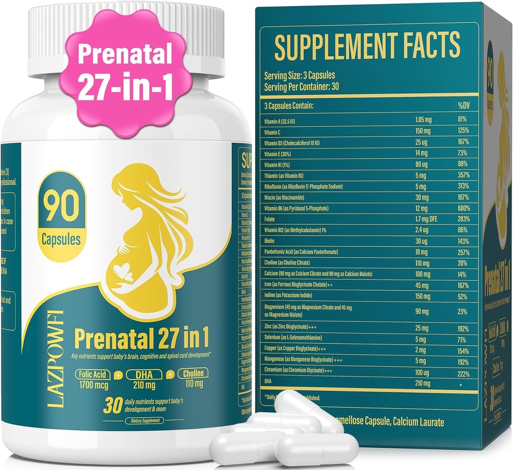 Witaminy prenatalne dla kobiet Poporodowa Multiwitamina z kwasem foliowym Cholina DHA dla kobiet w ciąży i karmienia piersią Niacynamid Biotyna i Minerały 27 w 1 Suplement 90 Capsules- 30 Służenie