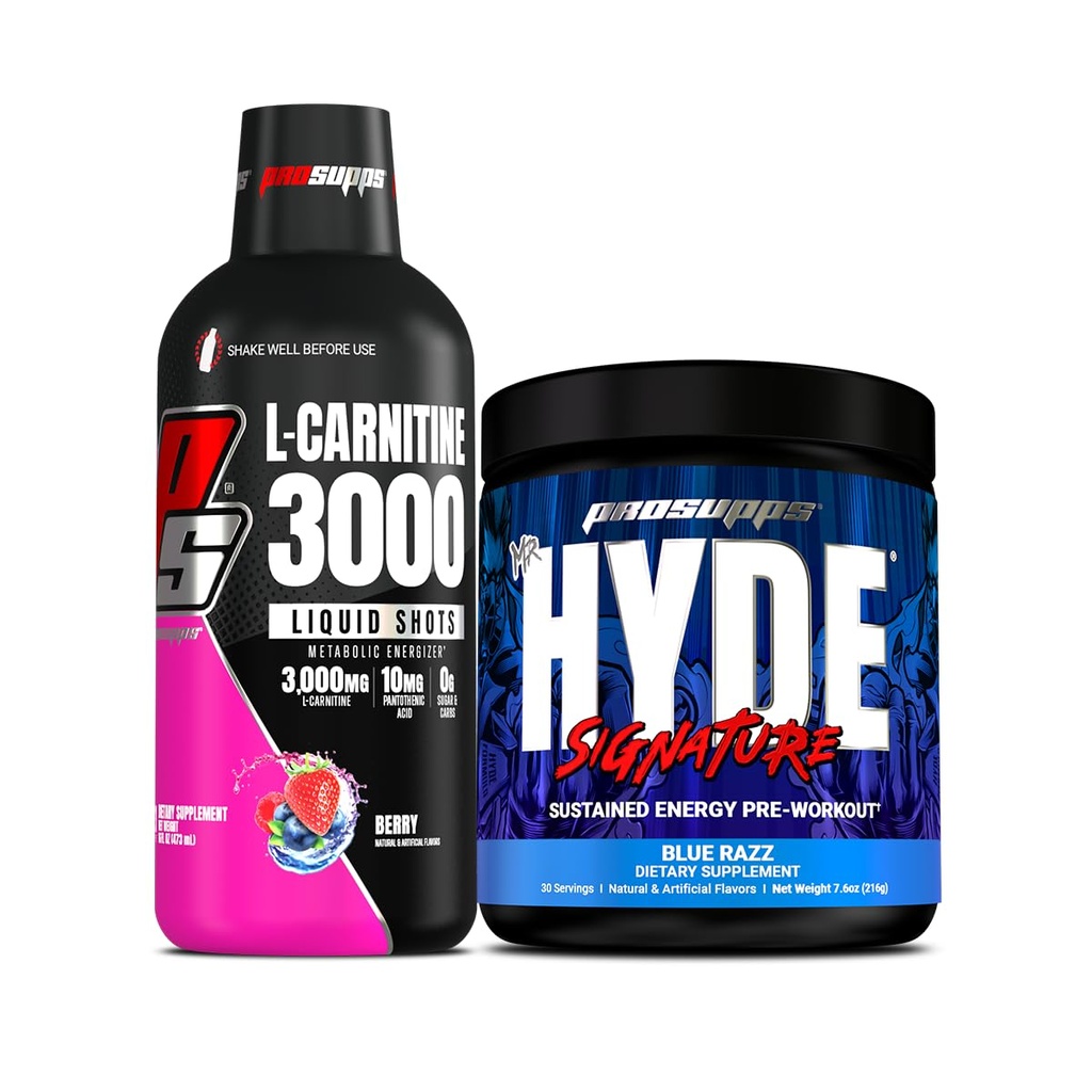 PROSUPPS L- Carnitine 3000 Stymulant Free Liquid Shots (31 Servings, Berry) i Mr Hyde Signature Series Pre- Workout Energy Drink proszkowany (30 Servings, Blue Razz)