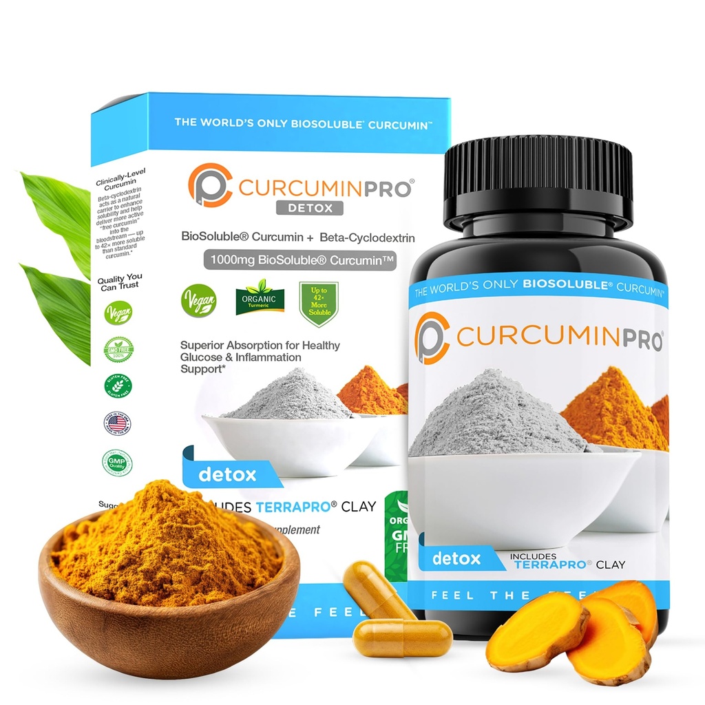 kurkuminpro Detox Kapsułki 124; Organic Turmeric Supplement with BioSoluble BCD & Natural Bentonite Clay British 124; Wysoka absorpcja Wegańska Mieszanka Curcumin dla Gut i Heart Wellness British 124; 60