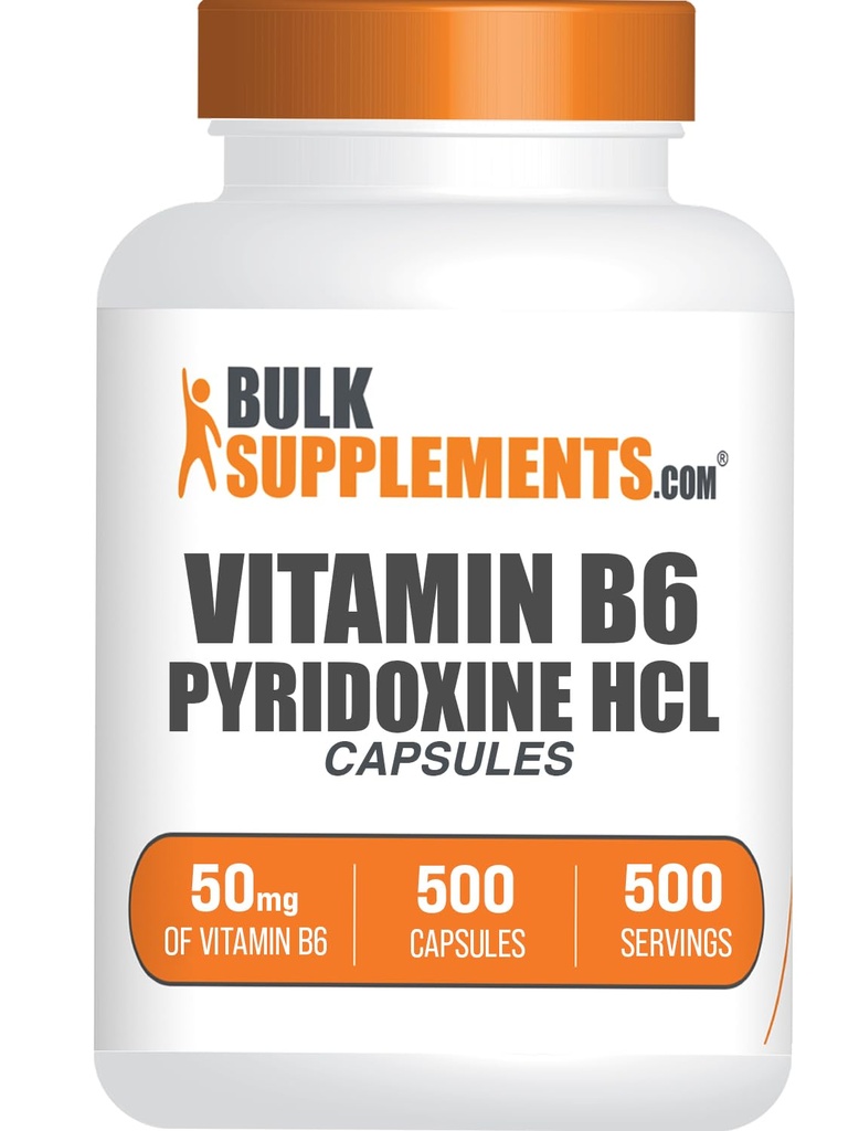 BulkSupplements.com Witamina B6 Kapsułki - HCl pirydoksyny, Witamina B6 50mg - 1 Kapsułka na Podawanie, 500 Kapsułek (Opakowanie po 1)