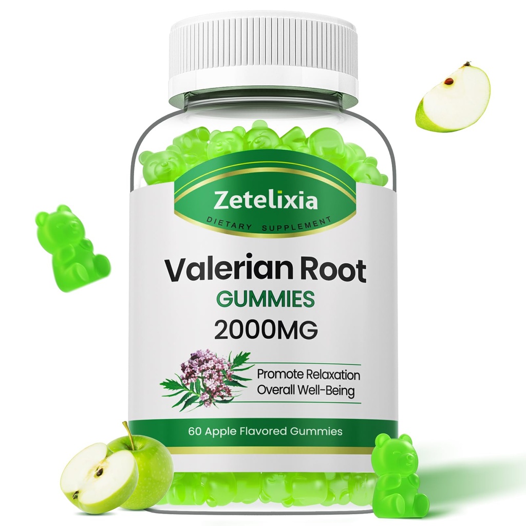 Organiczne gumki korzeniowe valerian, Suplement ziołowy do relaksacji i wsparcia nastrojów, Gumie senne bez melatoniny dla dorosłych, Wegan, Non-GMO, Jabłko Flavor, 60 Count