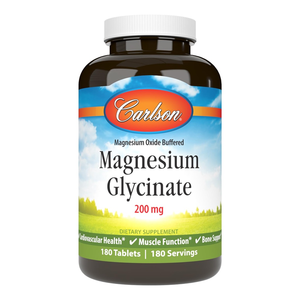 Carlson Buffered Magnesium Glycinate 200 mg, High Absorption Magnesium Supplement, Supports Relaxation, Sleep & Muscle Function, 180 Tablets