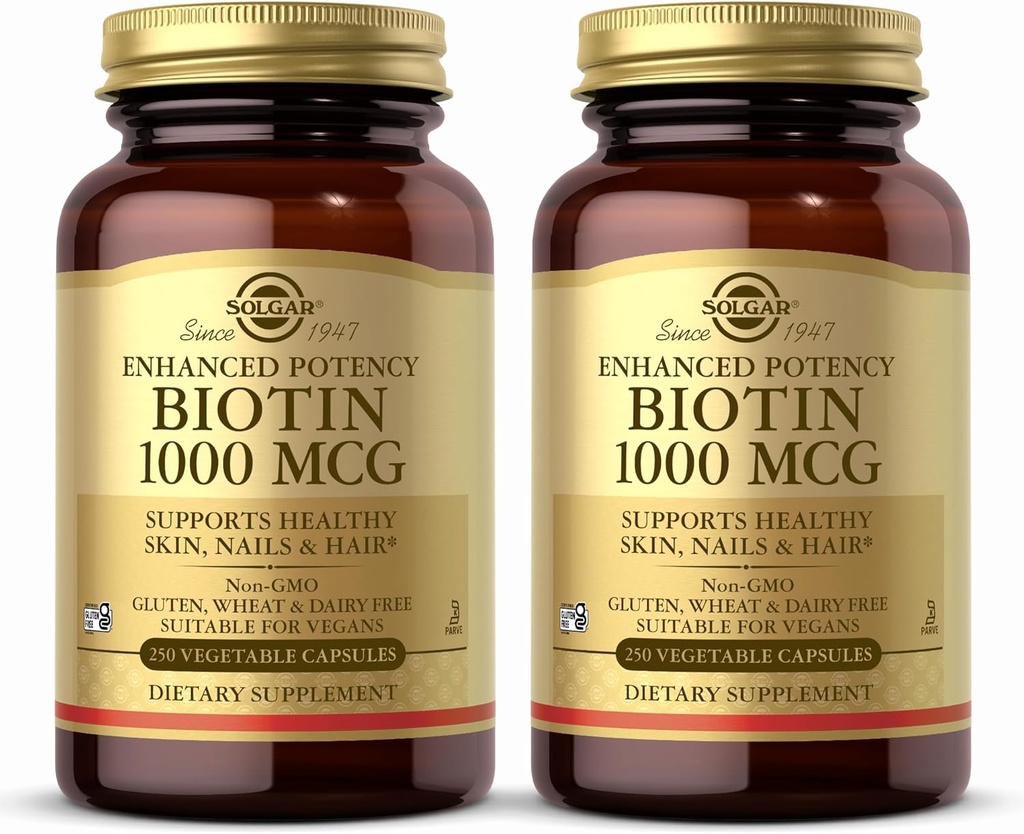 Solgar Biotin 1000 mcg, 250 Vegetable Capsules (Pack of 2) - Supports Healthy Skin, Nails & Hair - Energy Metabolism - Enhanced Potency - Non-GMO, Vegan, Gluten Free, Dairy Free, Kosher - 500 Servings