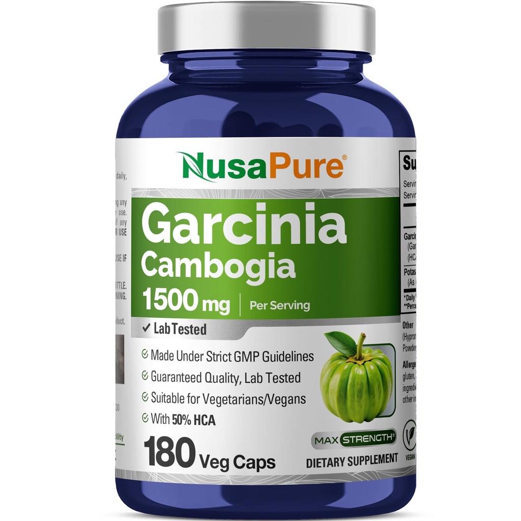 NusaPure Garcinia Cambogia 180 Veggie kapsułki 1500mg (Vegetarian, Non-GMO, Vegan)