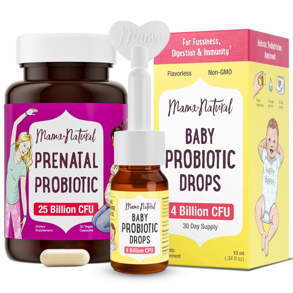 Mama Naturalne Probiotyczne Probiotyczne i Baby Probiotic Drops Bundle - Gut, Vaginal & Immune Wsparcie dla mamy + Digestive Comfort dla dziecka z Probiotyki dla niemowląt - Bundle & Zapisz