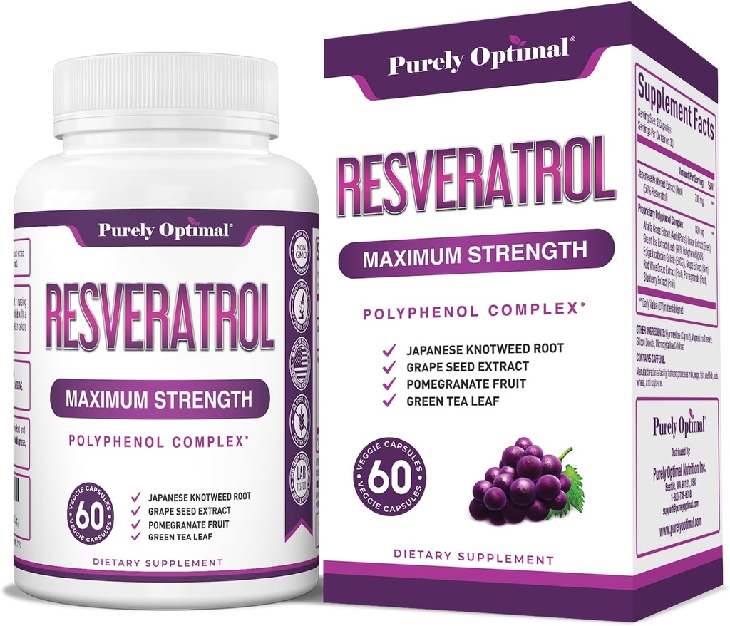 Całkowicie Optimal Resveratrol Supplement 1500mg - Trans- Resveratrol z japońskiego Knotweed, Polyfenol Complex - Wspiera graceful Aging, Witality, Cognitive & Skin Health - 60 Kapsułki wegańskie