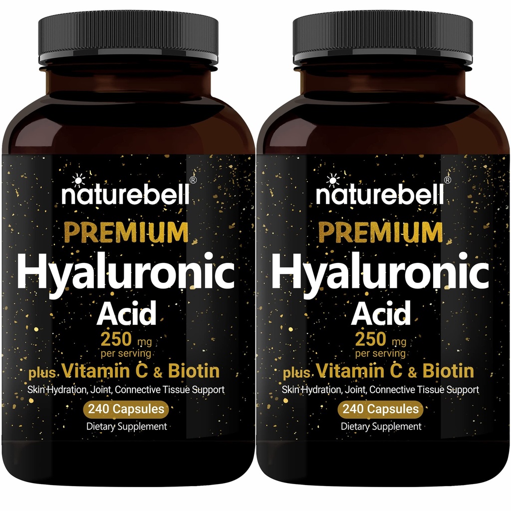 NatureBell 2 Pack Plant Based Hyaluronic Acid Supplements 250mg with 25mg Witamina C & Biotin 5000mcg, 480 Razem Kapsułki 124; Zasadnicze dla wzrostu włosów, Wspólne wsparcie, & Nawadnianie skóry 124; Non-GMO