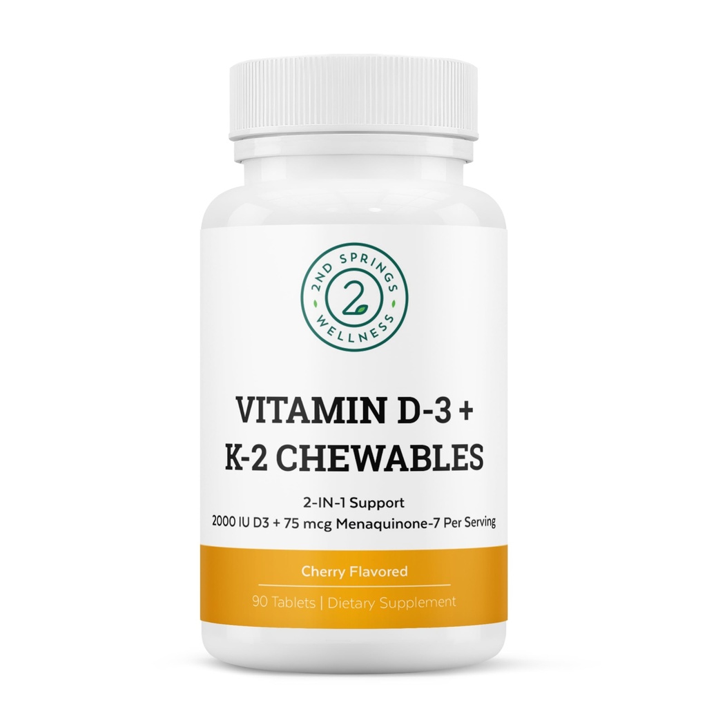 Witamina D3 + K2 Chewables - 2000 IU Witamina D i MK7 K2 (Menaquinone- 7) - Witamina D + Suplement K2 dla dorosłych i dzieci