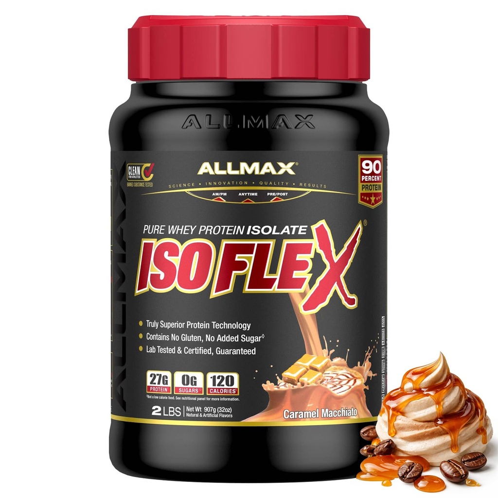 ALLMAX Nutrition ISOFLEX Izolat białka serwatki, karmel Macchiato - 2 lb - 27 gramów białka na miarkę - Zero tłuszczu i cukru - 99% laktozy - Gluten Free & Soy Free - Przybliżone 30 Sług