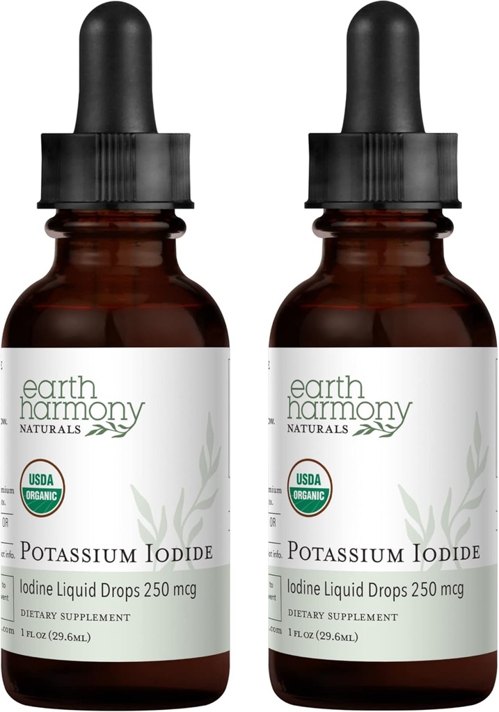 USDA Organic Potasu Iodide 250 µg Płynny suplement 2- Pack (1-rok dostaw) - Wspiera Thyroid Gland i pomaga ekspozycji i niski poziom jodu - Więcej Biodostępny niż tabletki, Pigułki - 1 Fl Oz