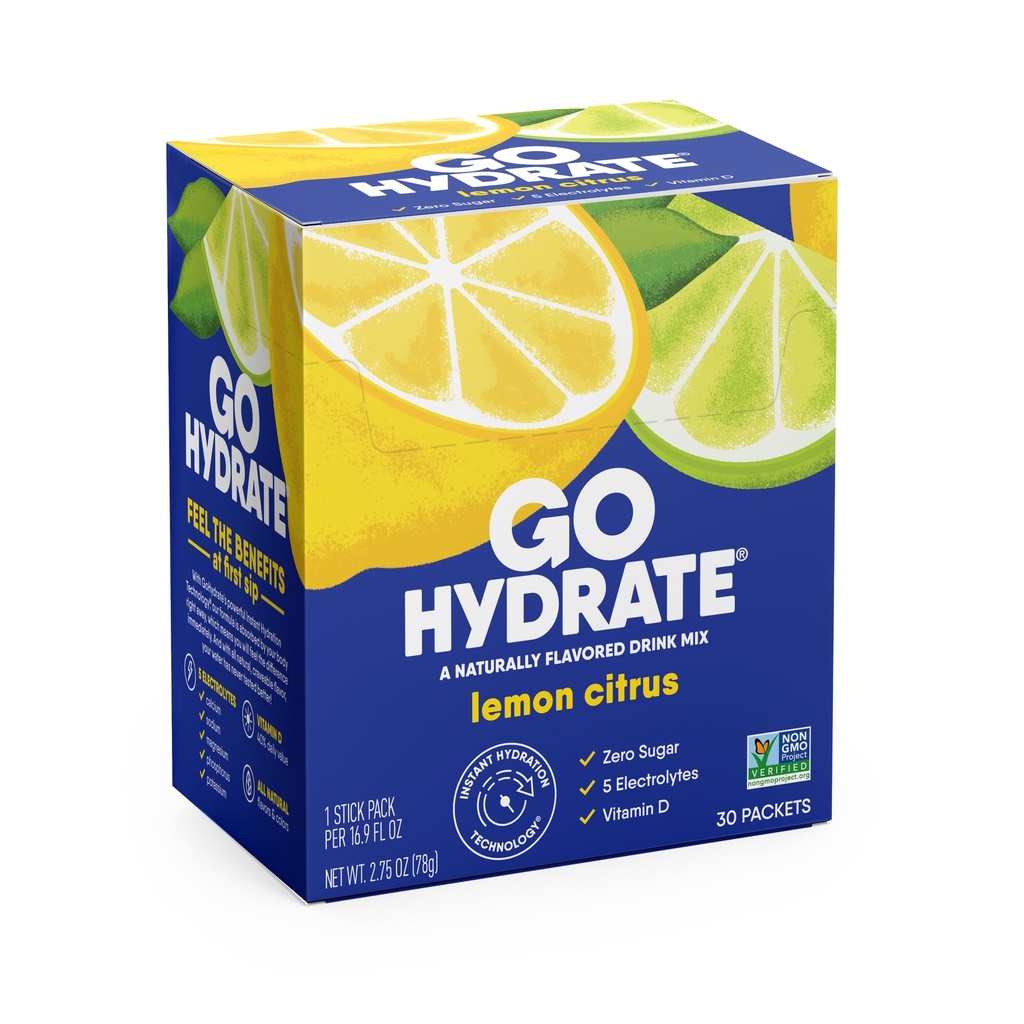 GoHydrate Instant Hydration proszk Pakiety - Niski poziom elektrolitów sodu Drink Mix - Naturalne wsparcie nawilżania, Bezcukrowy proszek Electrolyte Drink z witaminą D, 30 opakowań, Cytrus cytrynowy